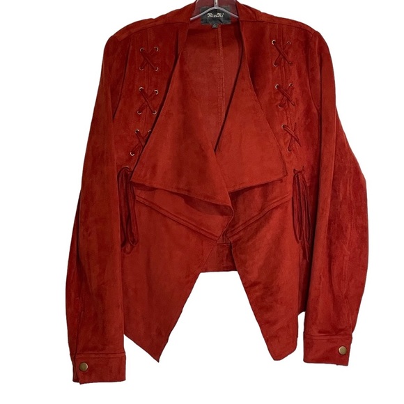 Miss Me Burnt Orange Faux Suede Drapey Collared Short Open Front Western Jacket - Picture 4 of 14
